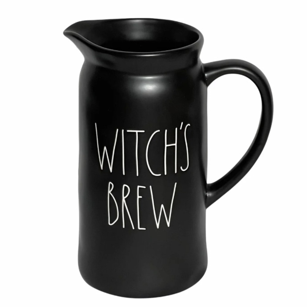 Halloween decor Rae Dunn Witch’s Brew pitcher with recipe on back